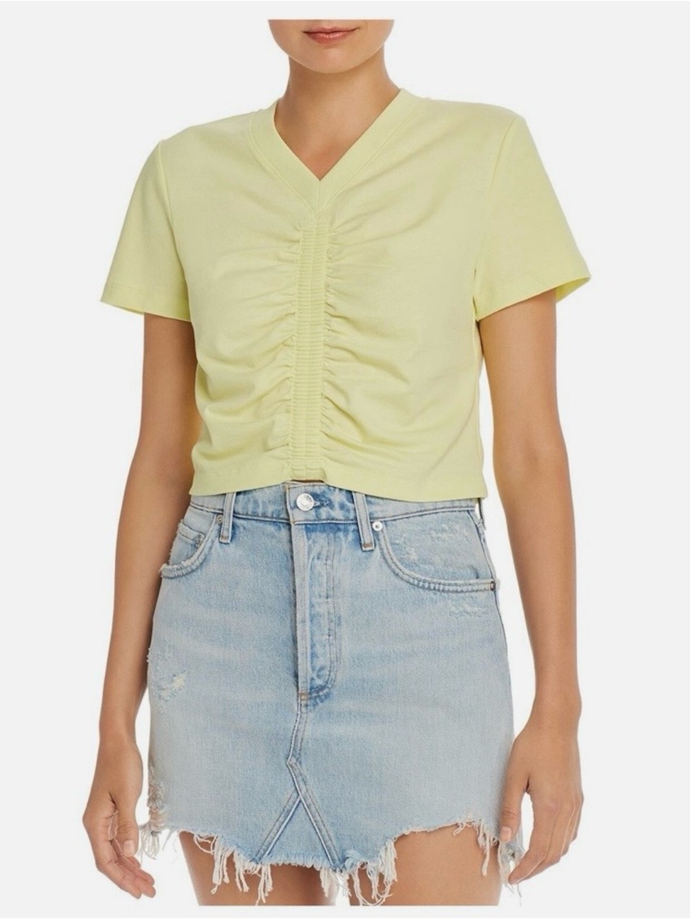 NWT ALEXANDER WANG Womens Ruched Front Short Sleeve V Neck Top Zest